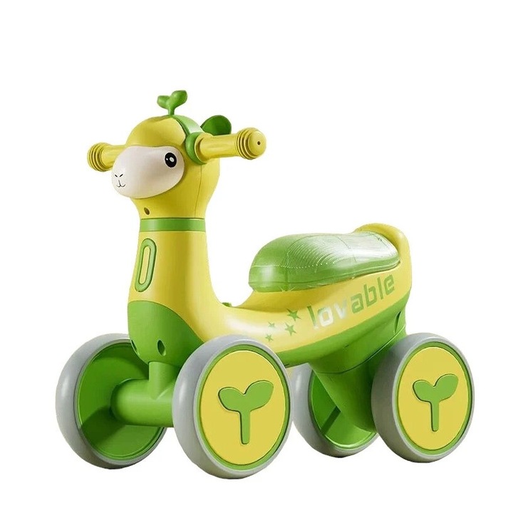 Bicicleta fara pedale cu 4 roti, cu muzica si lumini, Girafa B09 Galben cu Verde