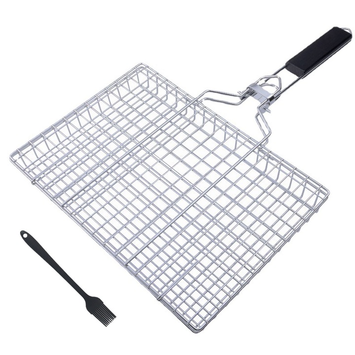 Grill pentru Gratar, SINBINTA, Manere detasabile si anti-alunecare, Rezistent la rugina si durabil, Dispozitivul de blocare poate fi rasturnat dupa bunul plac, Pentru aragaz sau cuptor, Cu perie, Metal, 50*32*3.5cm, Argintiu