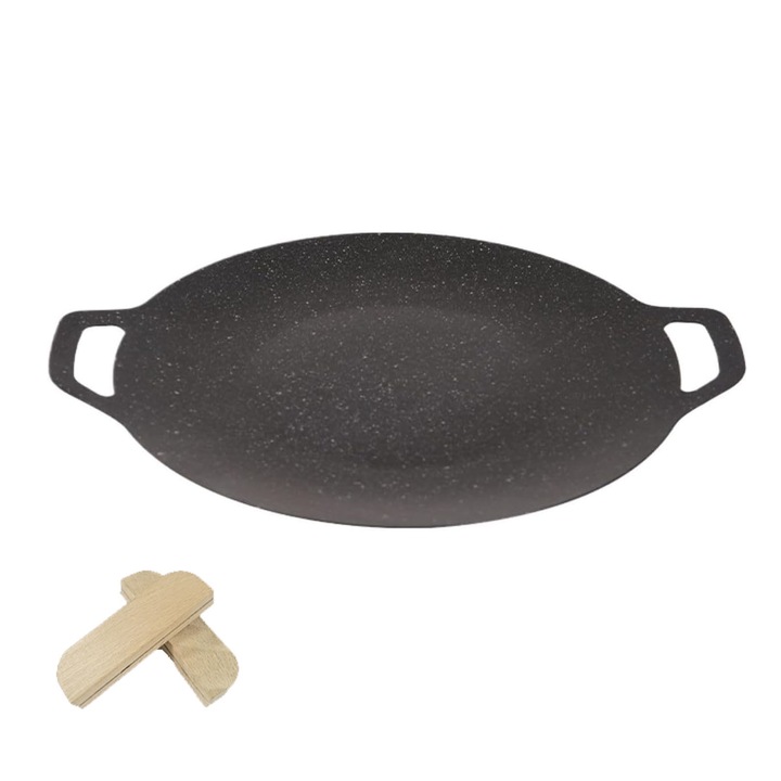 Кръгъл японски котлон с дръжки, SINBINTA, плоча за скара, незалепваща, устойчива на корозия, лесна за почистване, здрава и издръжлива, за пържола, бекон, ребра, пържена, риба, метална, 32*2 см, черна