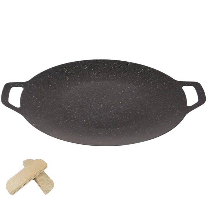 Japán kerek főzőlap fogantyúkkal, SINBINTA, grilllap, tapadásmentes, korrózióálló, könnyen tisztítható, robusztus és tartós, steakhez, szalonnához, bordához, sült, hal, fém, 36*2 cm, fekete