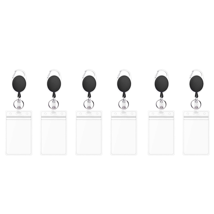 Идентификационен бадж с държач на щипка, SINBINTA, държачи за лични карти, Комплект от 6 държача за баджове, Прибираща се ролка, Издръжлив, преносим, Лесен за поставяне и отделяне, За бадж, ID, карта за достъп, Цинкова сплав/ABS, Черен/Прозрачен