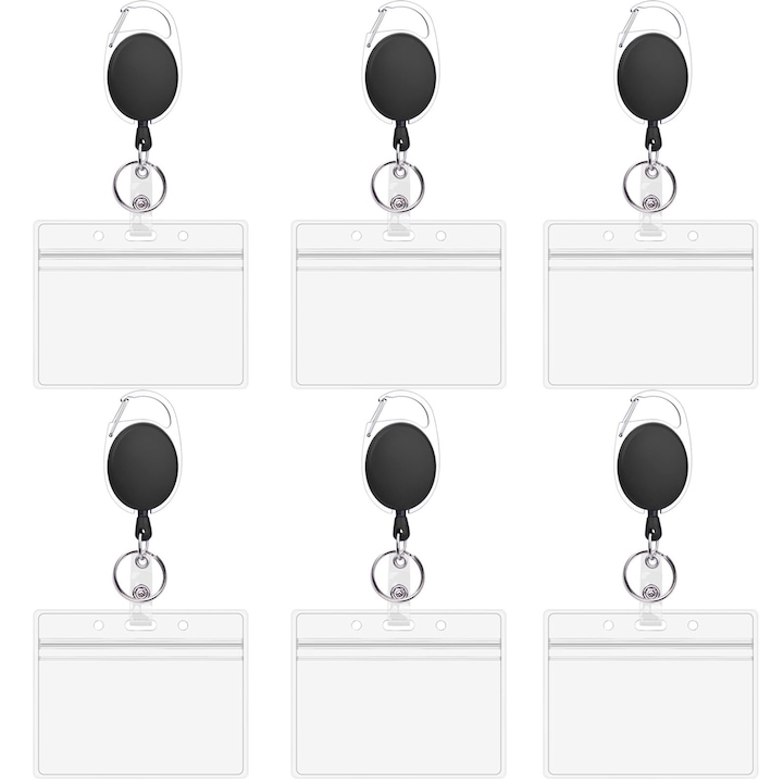 ID бадж с държач на щипка, SINBINTA, държачи за лични карти, Комплект от 6 държача за баджове, Прибираща се ролка, Издръжлив, преносим, Лесен за закрепване и отделяне, За бадж, ID, карта за достъп, Цинкова сплав/ABS, Матово черно/Прозрачен