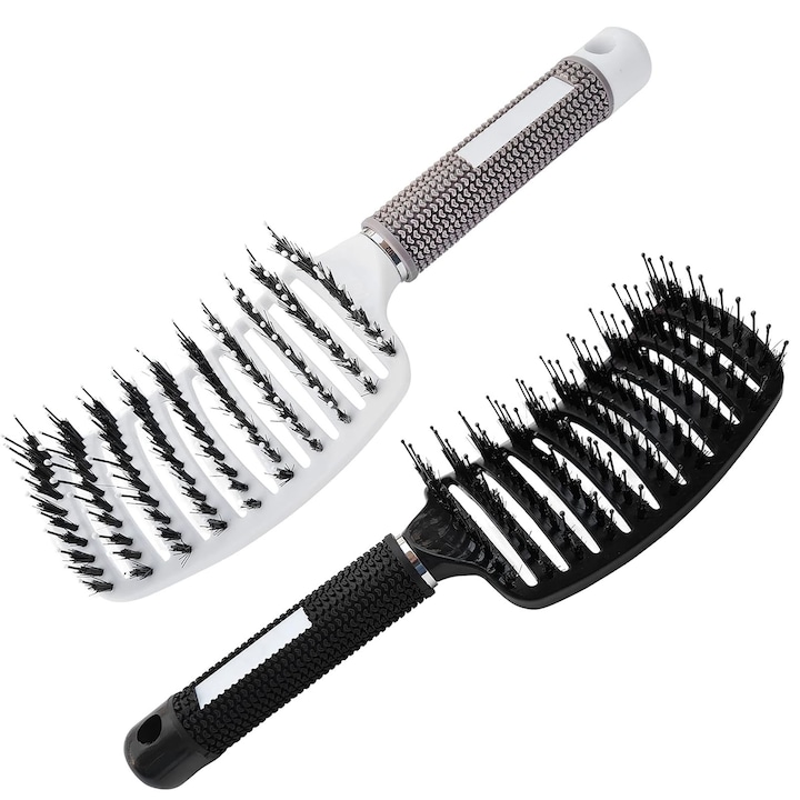 Set 2 Perie de Par, SINBINTA, Perie de par organica, Perii naturali de mistret, Dinti de pieptene din nailon, Design ergonomic, Imbunatatiti netezimea, Reduce frizz, Usor de curatat, Pentru par umed si uscat, ABS, 24*7cm, Negru/Alb