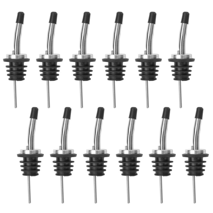 Комплект от 12 аксесоара за бутилки, SINBINTA, С капачки за прах, Лесен за инсталиране, Добра херметичност, Лесен за почистване, Универсален размер, За алкохол, зехтин, сокове и сиропи, Неръждаема стомана/TPE, 11x3 см, Черно/Сребристо