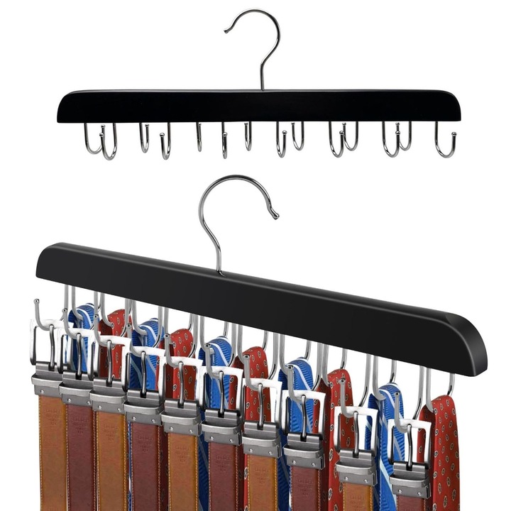 Set 2 Umeras din Lemn, SINBINTA, Umeras pentru depozitarea cravatelor si a curelelor, Cu 28 de Carlige, Carlig Rotativ 360 Grade, Capacitate 5-8kg, Montare usoara, Economie de spatiu, Pentru organizatoare si depozitare pentru dulap, Fier, 37*14cm, Negru