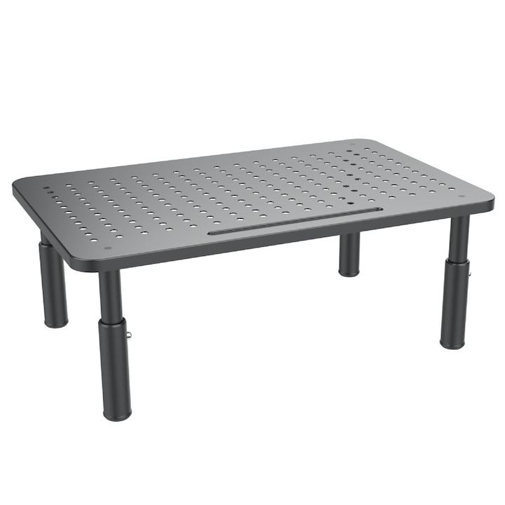 Monitorállvány, SINBINTA, 3 állítható magasságú, perforált a szellőzéshez, Robusztus és nyomásálló, Könnyen felszerelhető, Ergonomikus, Számítógéphez, laptophoz, nyomtatóhoz, televízióhoz, Fém, 370x235mm, Fekete