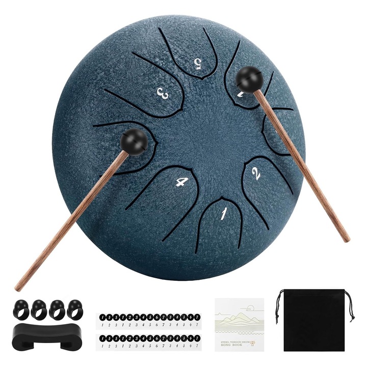 Комплект стоманен барабан Hggzeg, 8 тона, с пръчки и английски ноти, 16x9,5 см, тъмносин