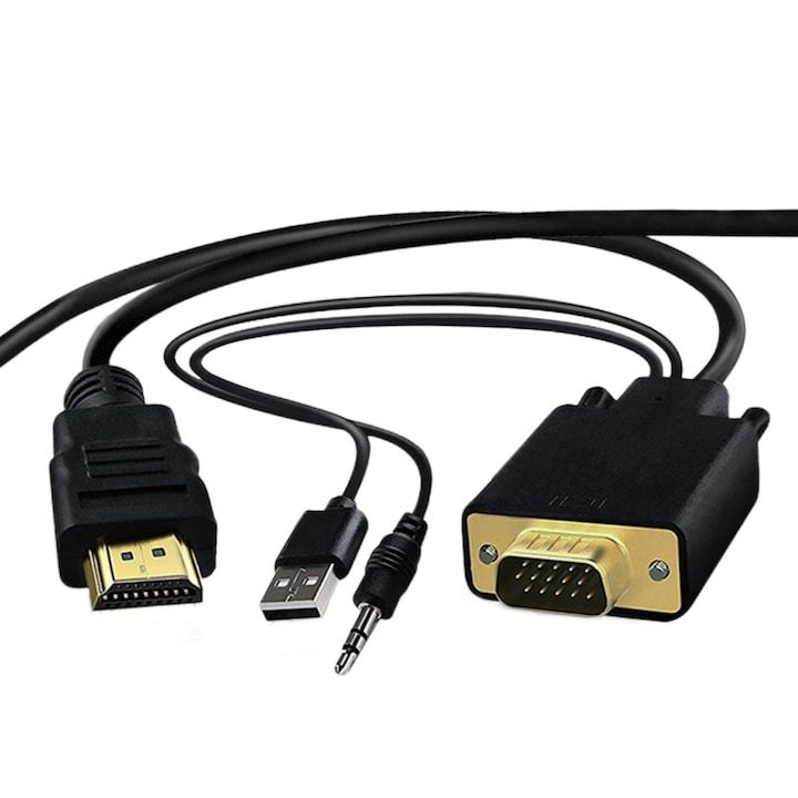 Cablu Adaptor, SINBINTA, VGA la HDMI cu audio, Suporta rezolutie maxima 1080P la 60Hz, Compatibilitate larga, Stabilitate, Plug &Play, Unidirectional, Pentru laptop, pc, placa video, Plastic ABS, 1.8m, Negru