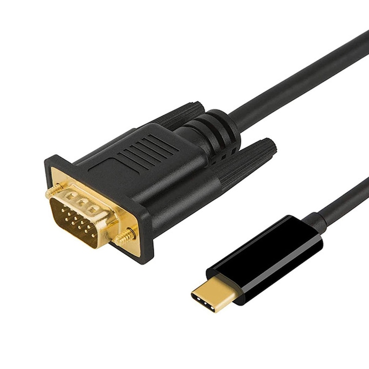 Adaptor USB-C VGA, SINBINTA, Full HD, Suporta rezolutie maxima 1080P la 60Hz, Compatibilitate larga, Stabilitate, Plug &Play, Unidirectional, Pentru monitor, computer, laptop, proiector, PVC, 1.8m, Negru
