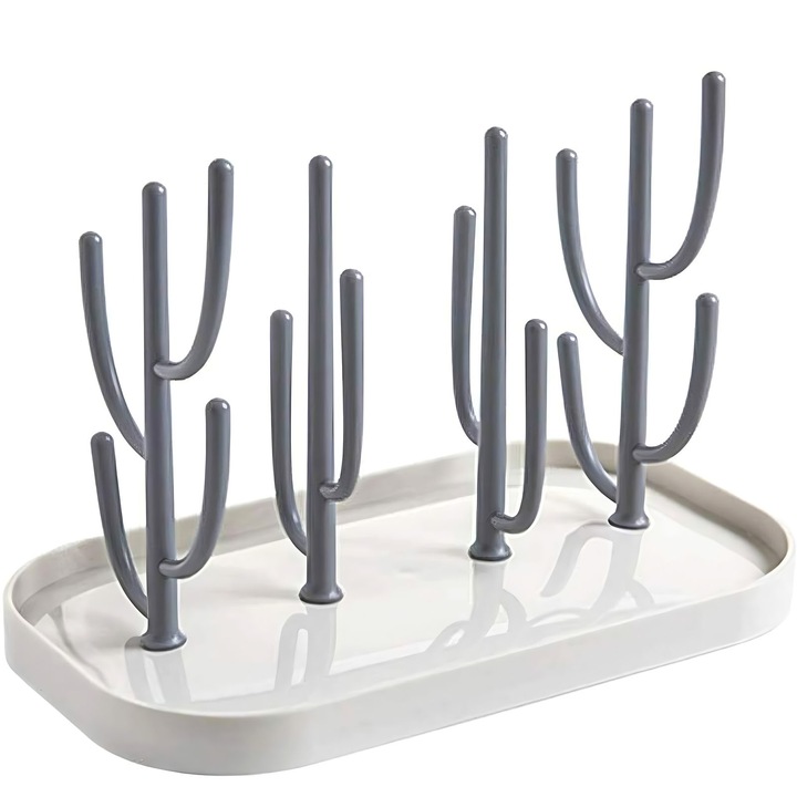 Поставка за сушене на бутилки, SINBINTA, с табла, дизайн на дърво, без BPA, лесен за инсталиране, лесен за почистване, свалящ се, преносим, за многократна употреба, за бутилки, биберони, чаши и др., ABS/PP, 25,5*14,5*19 см, сив