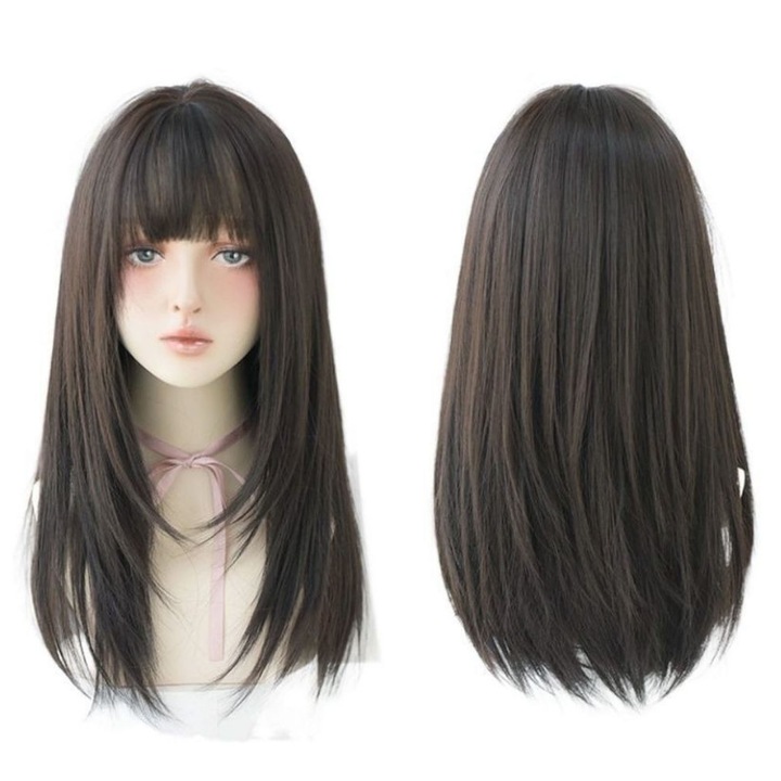 Перука от синтетична коса, SINBINTA, С мрежичка за коса, С бретон от естествена коса, Устойчива на топлина и дишаща, Мека на допир, Може да се пере, Лесна за носене, За парти косплей и ежедневна употреба, Синтетични влакна, 55 см, Черна