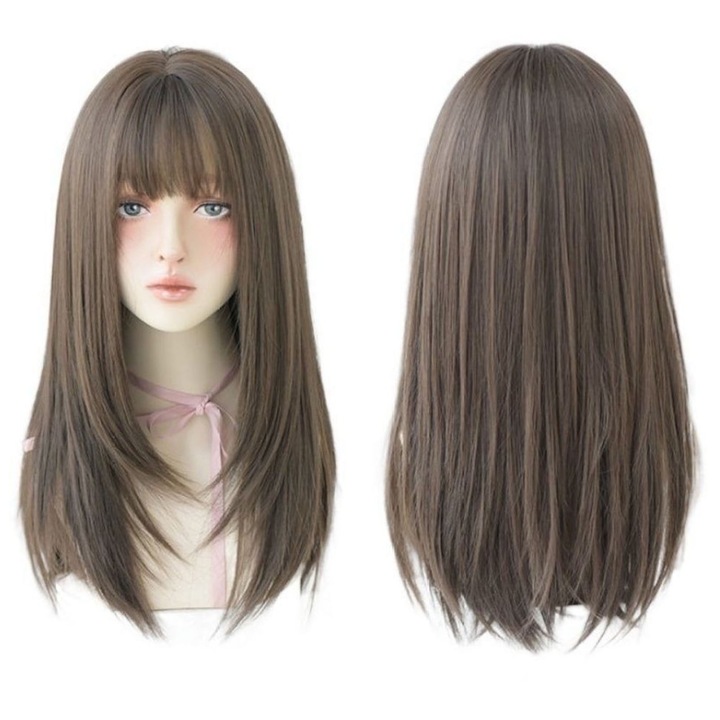 Перука от синтетична коса, SINBINTA, С мрежичка за коса, С бретон от естествена коса, Устойчива на топлина и дишаща, Мека на допир, Може да се пере, Лесна за носене, За парти косплей и ежедневна употреба, Синтетични влакна, 55 см, Студено кафяво