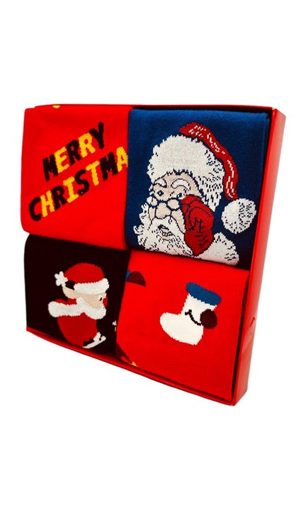 Set sosete de barbati, cu design de sarbatori, Tecos®, marime 40-46, 4 perechi, Multicolor, 40-46