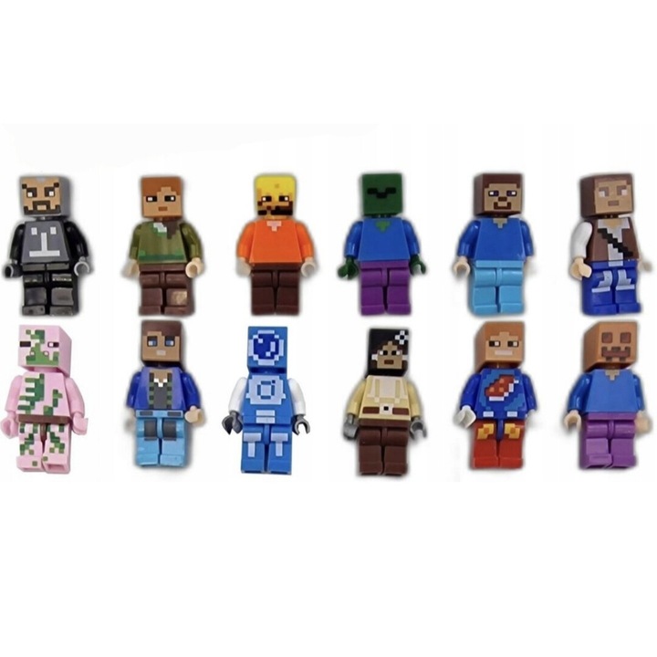 12 db Lego figurát tartalmazó készlet kiegészítőkkel, Minecraft, Tnagora®, kék/sárga, 4 cm