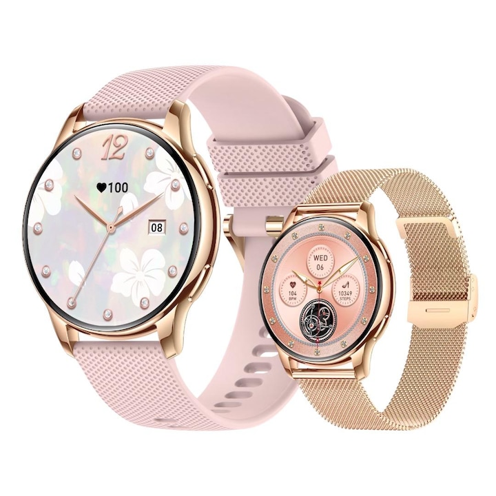 Smartwatch Y11, Full HD 1.32" дисплей, IP67, AI Voice Assistant, 200+ интерфейса, Android и iOS съвмест., Bluetooth разговори, SMS/известия в соц. медии, Здравен мониторинг, 100+ спортни режима, 300mAh, 2 гривни (розов силикон и златист металик), злато
