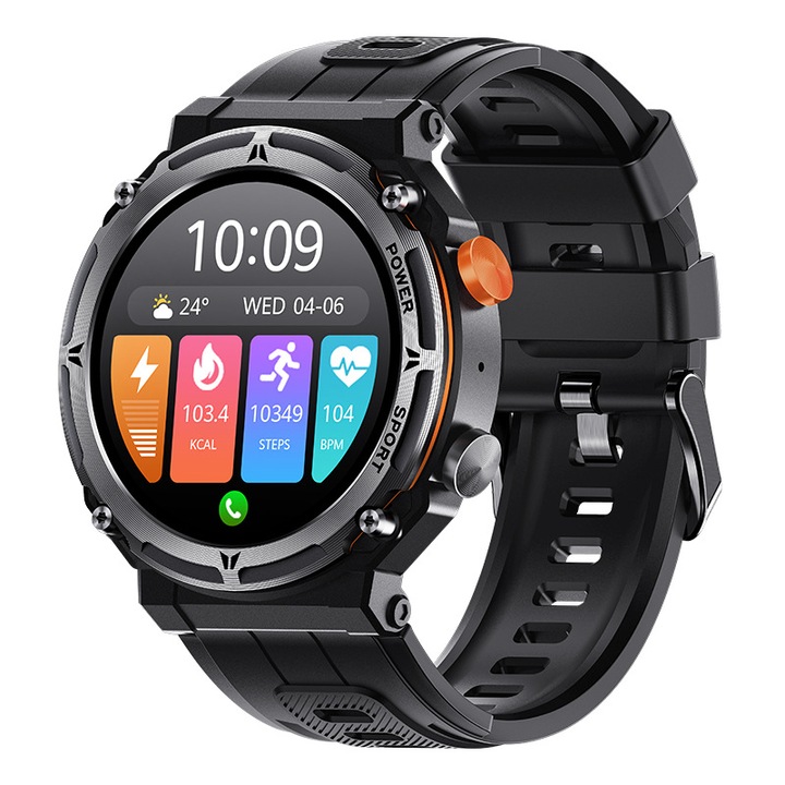 Watchiu Pro Sport okosóra, 1.39" HD, 360*360, karcolásálló, Bluetooth hívás, hívás/SMS/közösségi média értesítések, pulzusszám, oxigén, vérnyomás, alvás, 1 ATM vízálló, 410 mAh akkumulátor, hangszóró, Android/IOS kompatibilis, szilikon szíj, fekete