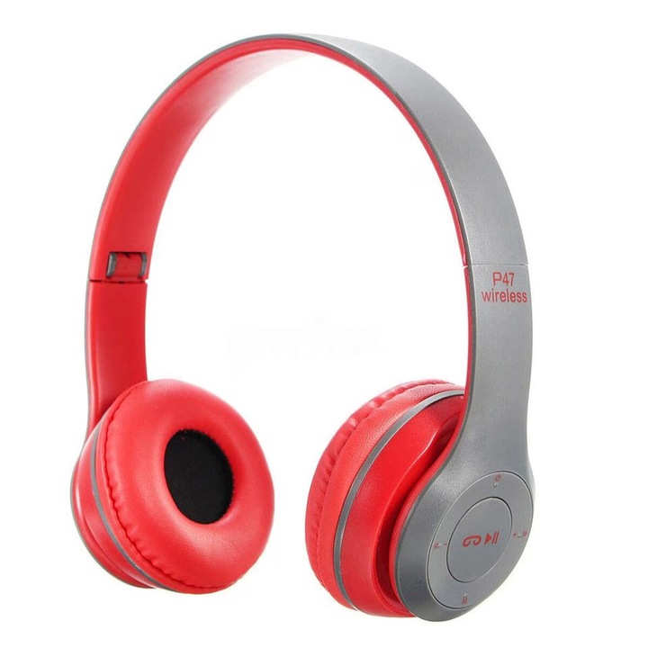 Casti wireless P47, Fm Radio, MP3 Player, Microfon incorporat, Port Micro SD, GRI/Rosu
