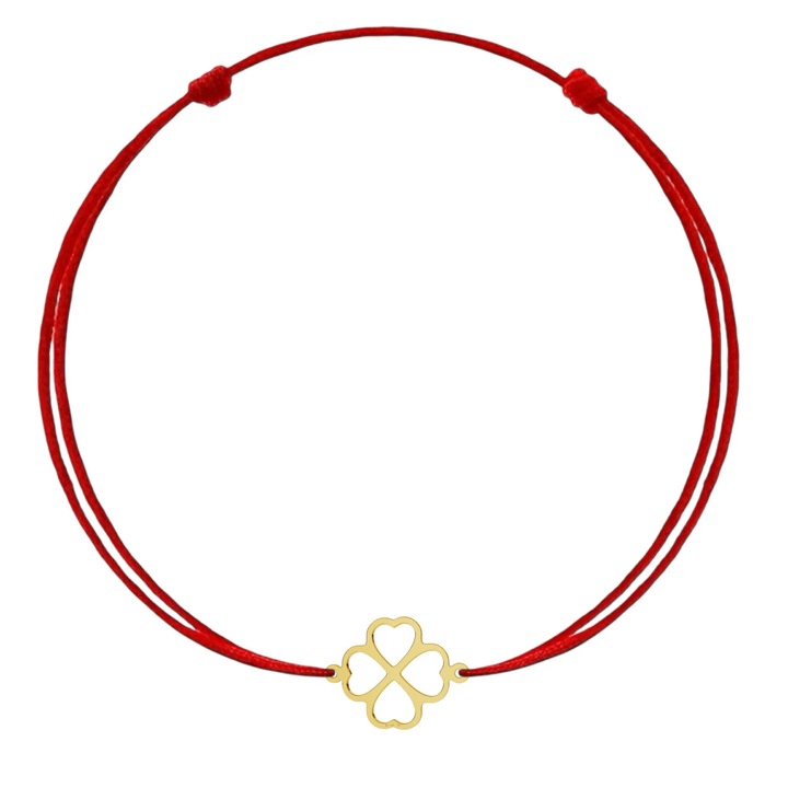 Bratara cu pandantiv Trifoi din AUR 14K 585, snur rosu reglabil, aur galben
