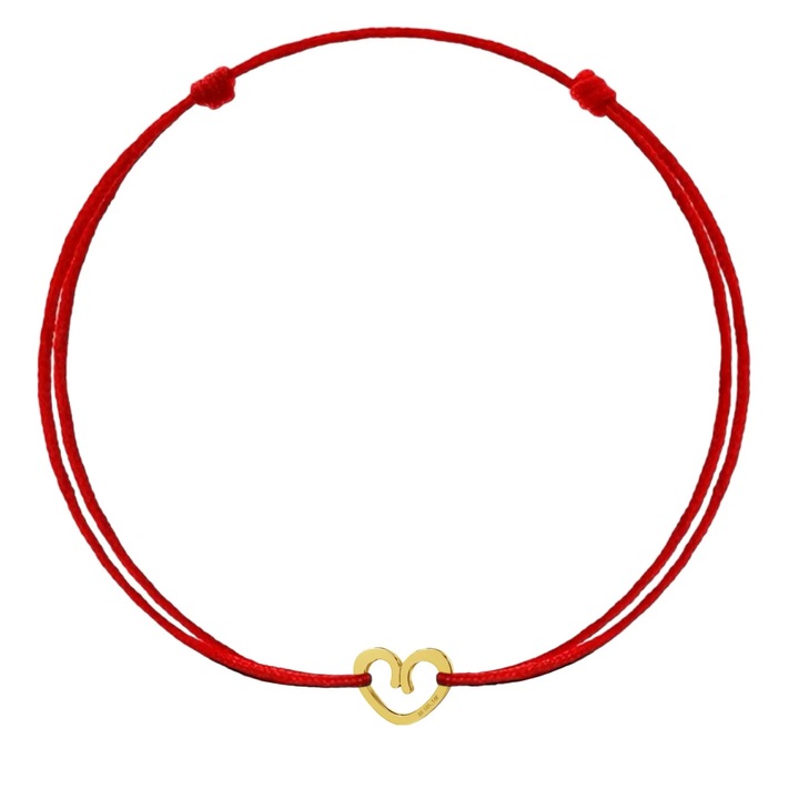 Bratara cu pandantiv Inimioara din AUR 14K 585, snur rosu reglabil, aur galben