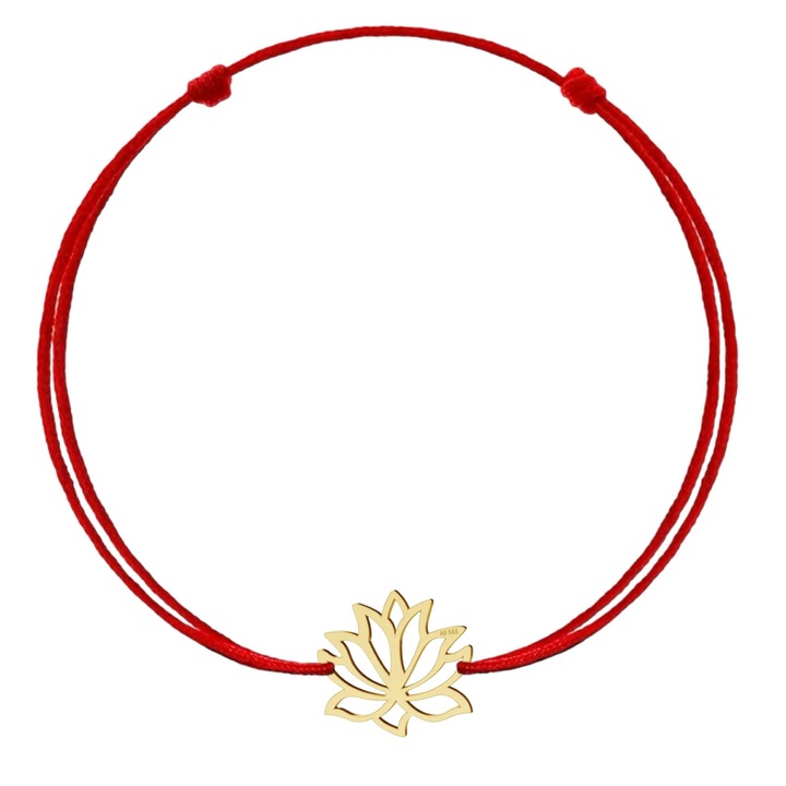 Bratara cu pandantiv Lotus din AUR 14K 585, snur rosu reglabil, aur galben