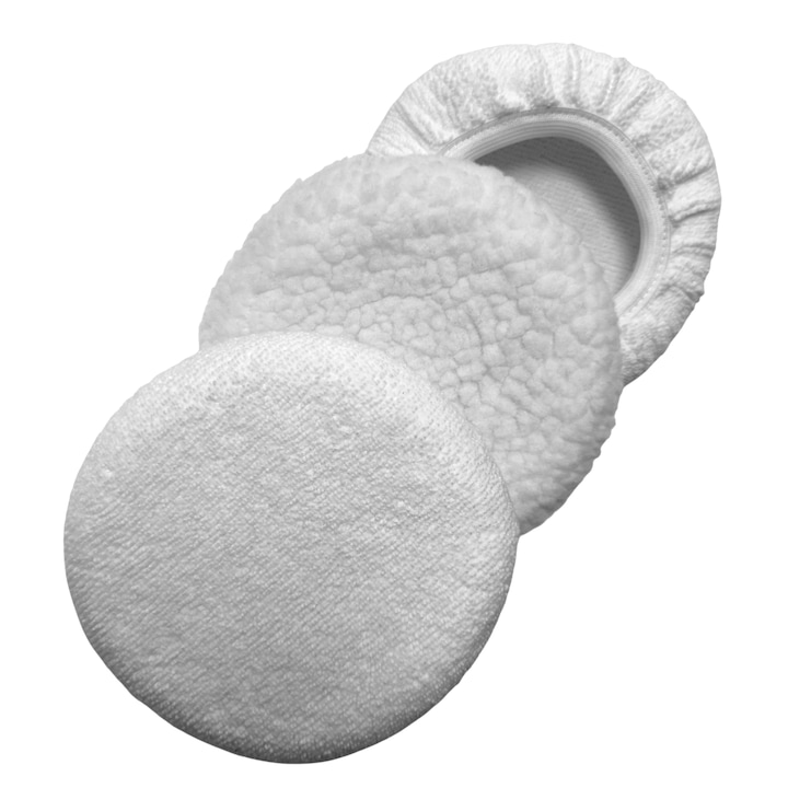 Set 3 calote masina polish auto DIOV® contine boneta pufoasa pentru lustruit si 2 cu microfibre, pentru disc 13~15cm