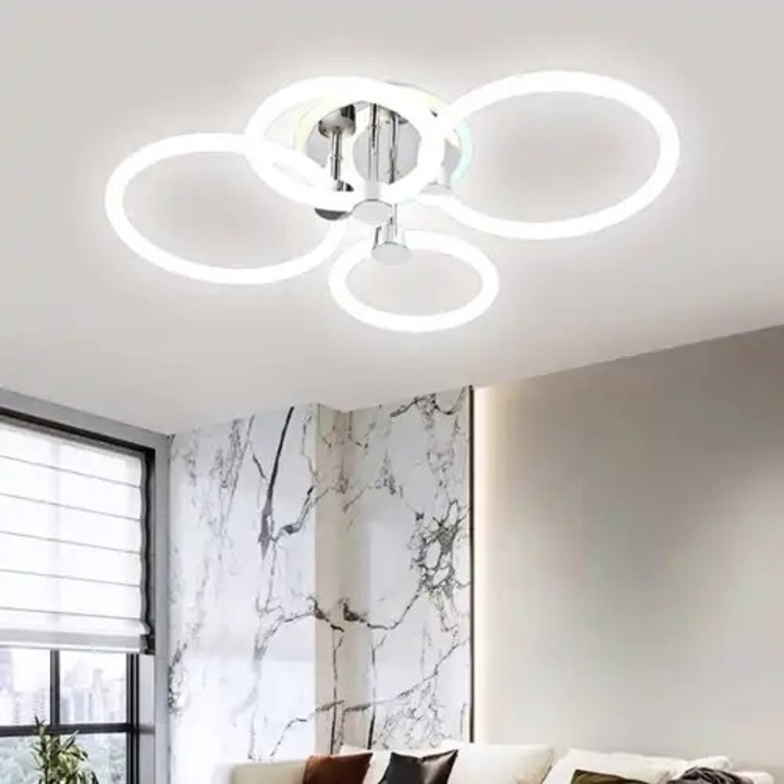 Lustra LED cu 3 tipuri de lumina si telecomanda, alba cu argintiu, rotunda, 39W, 3 tipuri de lumina, calda/naturala/rece + RGB, intensitate reglabila, 75x50x20cm, IP21, aplicata, montaj tavan, LED CONCEPT