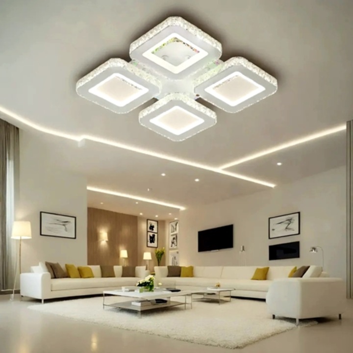 Lustra LED aplicata cu telecomanda, alba, patrata, 68W, 3 functii de lumina, calda, naturala si rece + RGB, intensitate reglabila, dimensiune 34x34x8cm, IP21, montaj tavan, LDC