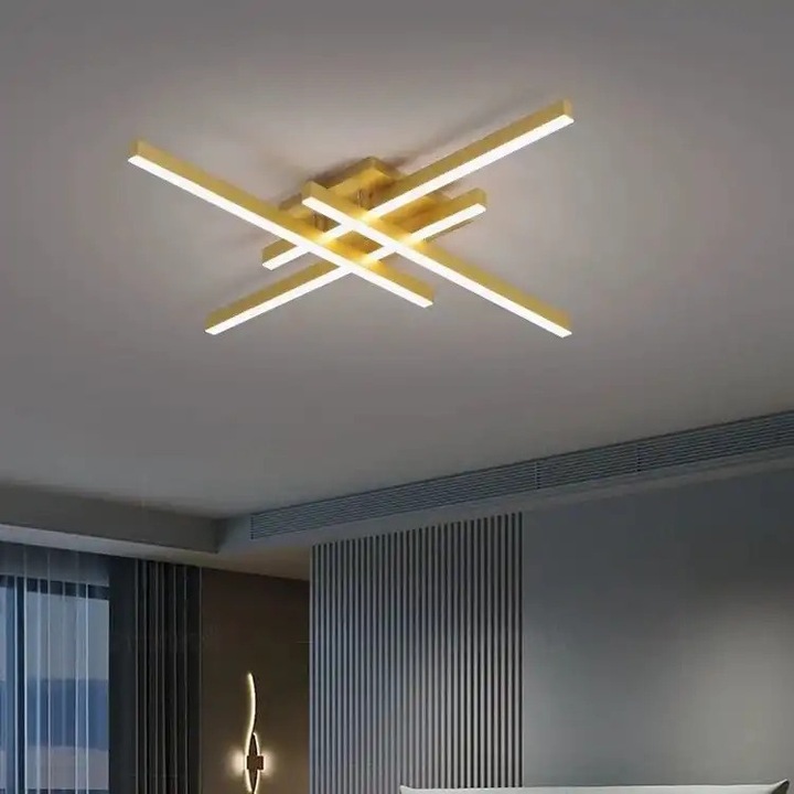 Lustra LED aplicata cu telecomanda, aurie, asimetrica, 66W, 3 functii de lumina, calda, naturala si rece, intensitate reglabila, dimensiune 86x86x11, IP21, montaj tavan, LDC