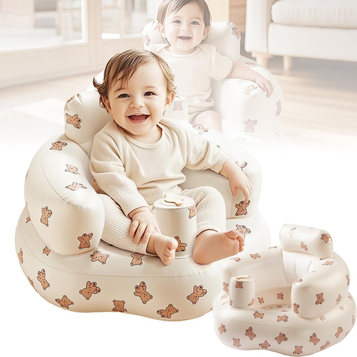 Scaunel gonflabil, scaun umflat pentru bebelusi, portabil, pliabil, uport pentru spate, design dragut, model cu animale, multicolor, 3-36 luni