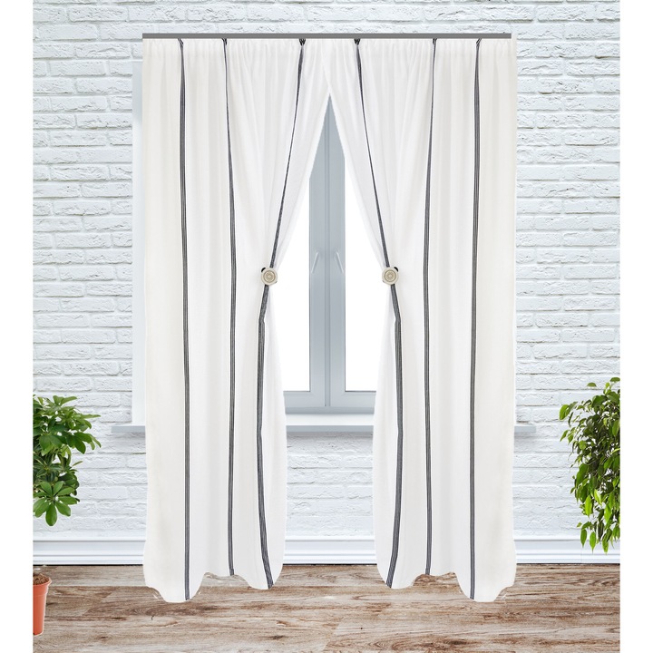 Set 2 perdele cu rejansa, 2x125x190 cm, dungi verticale si banda dantelata, alb/negru