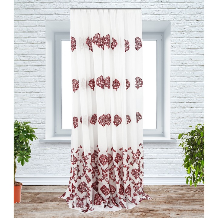 Perdea cu rejansa, 150x240 cm, cu broderie si bordura, alb/rosu
