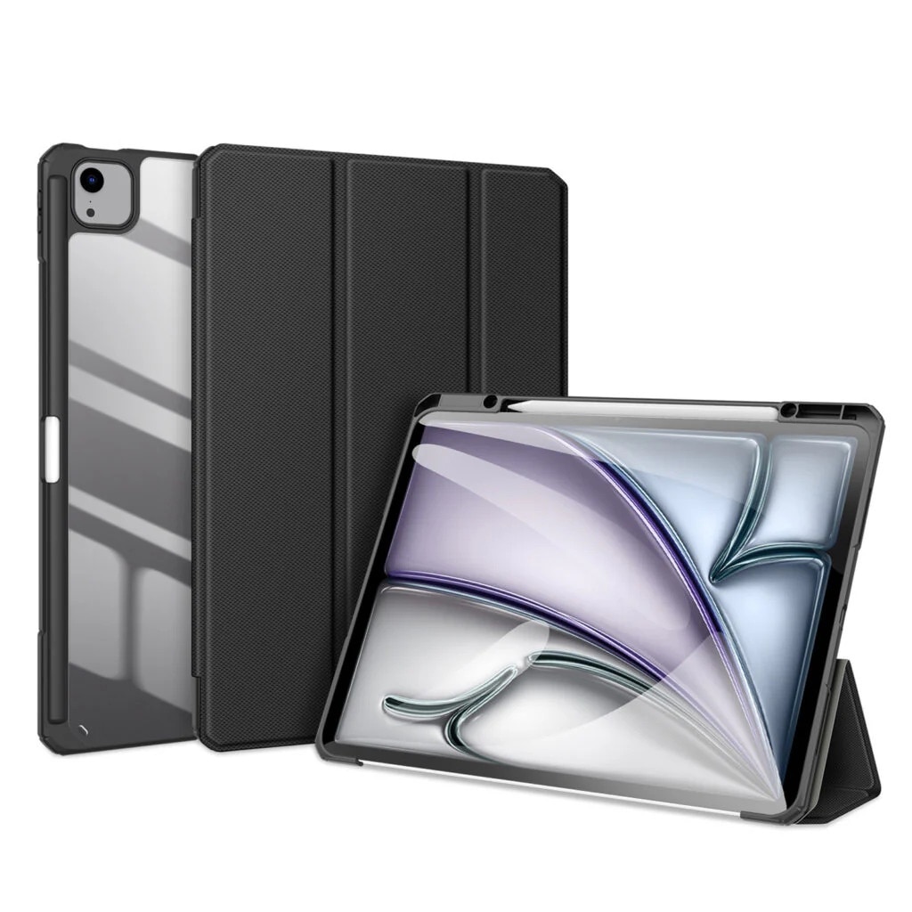Husa premium pentru tableta Apple iPad Air 13" (2024), 13 inch, Sigloo, interior de piele sintetica, cu suport Smart Pen, spatele din policarbonat transparent, rezistent la socuri, Black