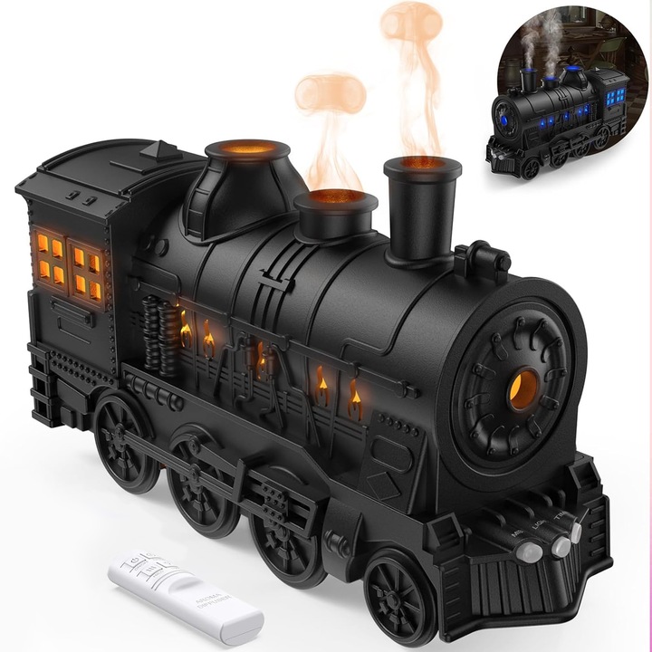 Difuzor de ulei esential, aromaterapie, umidificator de aer, 2 moduri de pulverizare, 2 culori de lumina, automat oprire, ultrasunete, silentios, telecomanda, timer 8 ore, lampa ambientala, 300ml, Ideal pentru birou, casa, yoga, spa, negru