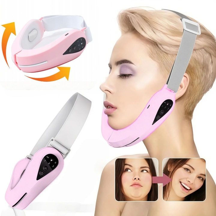 Aparat lifting pentru reducerea barbiei duble, aparat de lifting facial, masaj facial, pentru reducerea si ridicarea barbiei duble, design ergonomic, reglabila, masaj cu vibratii, terapie cu lumini fotonice, roz