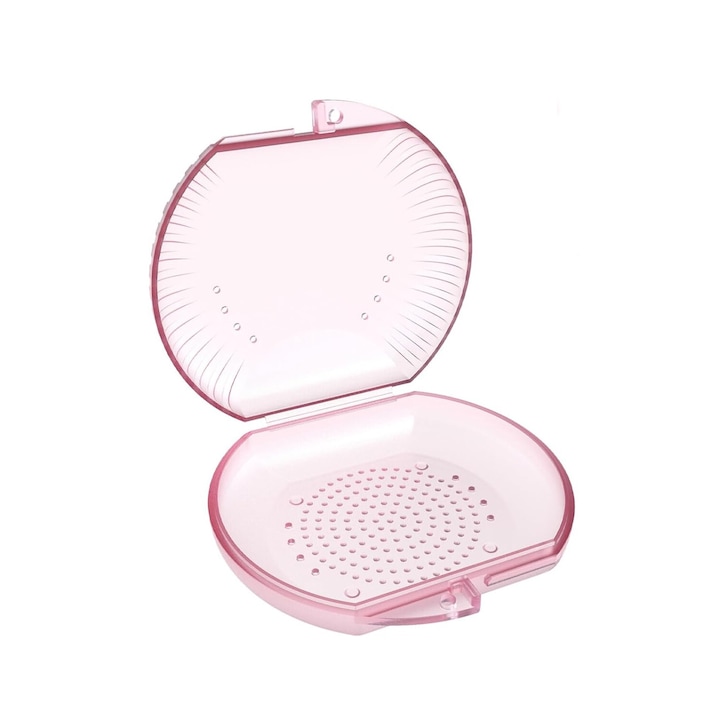 Cutie pentru depozitare aparate dentare, gutiere, proteze, 8.7 x 8.7 x 2.7 cm, Roz
