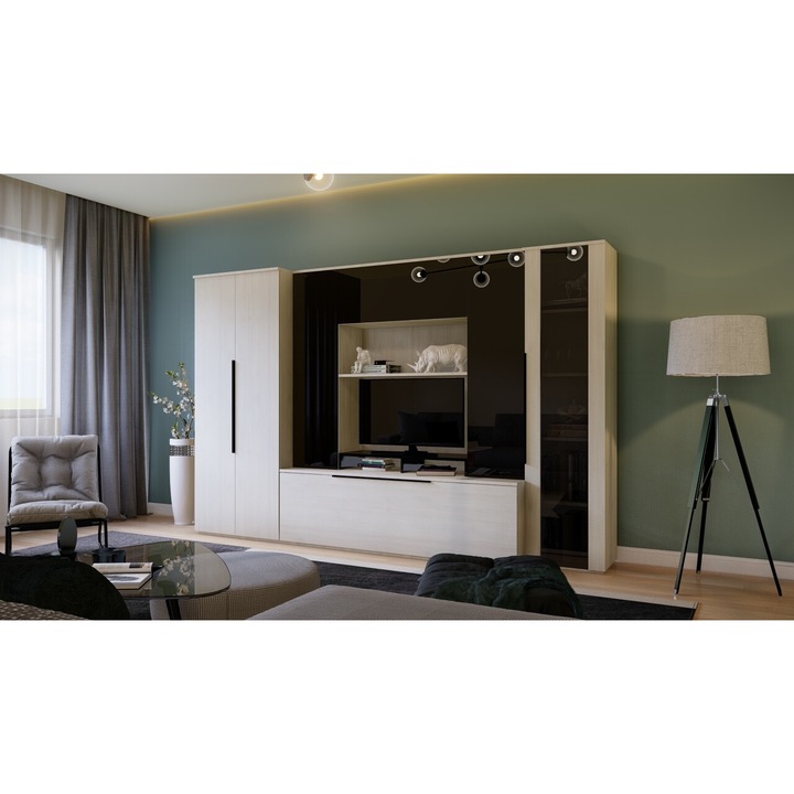 Living Venus, lungime 3100mm, stejar alb cu mdf negru lucios