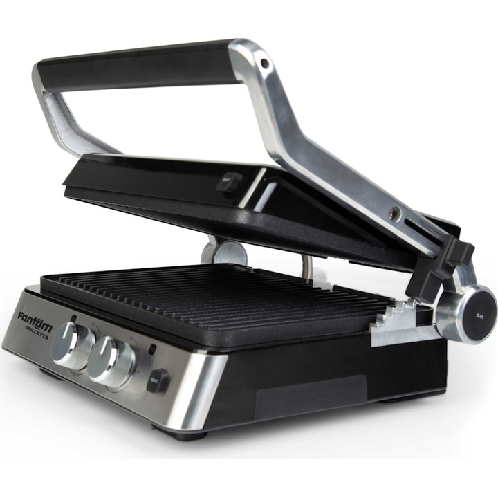 Електрическа скара, Fantom Griletta TM 9100, регулируем термостат, незалепващи и подвижни/миещи се плочи, нагревателен елемент вграден в плочата, 2000W, неръждаема стомана