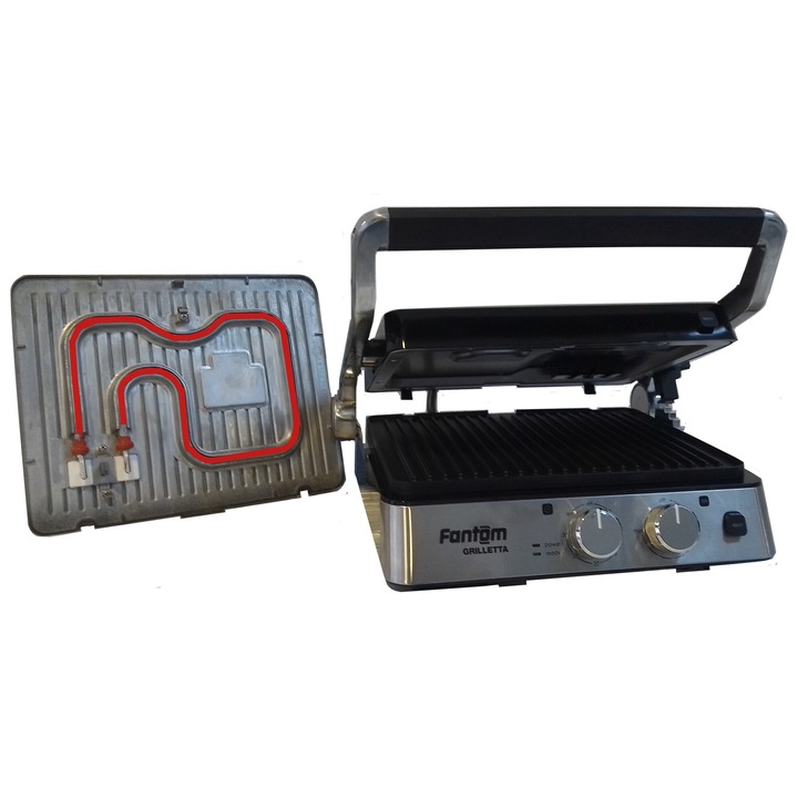 Grill electric, Fantom Griletta TM 9100, termostat reglabil, placi antiaderente si detasabile/lavabile, element de incalzire incorporat in placa, 2000W, Inox