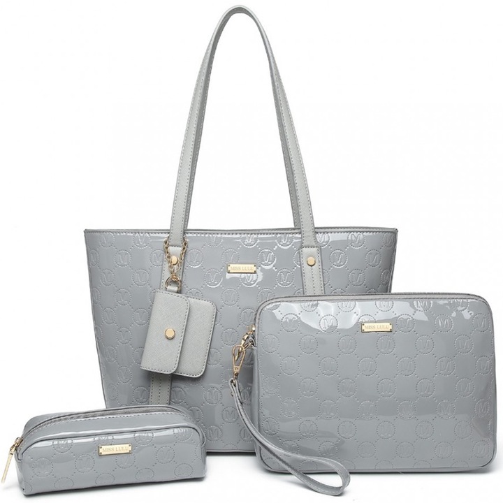 Дамска чанта, ежедневна елегантна с по-малки аксесоари, комплект от 4 части, лъскава кожа, издръжлива, Miss Lulu LD2217GY Grey