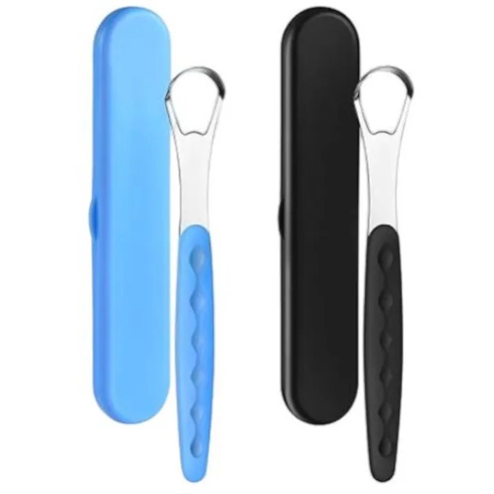 2 db rozsdamentes acél nyelvkefe készlet, kétoldalas kivitel, kék/fekete, 14,6x2,2 cm