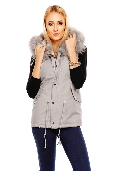 Vesta casual gri cu gluga si blana decorativa S