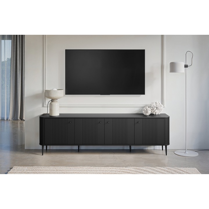 Comoda TV, Meble Bogart, Vesper 4D, 187 x 38 x 51 cm, Sistem Soft Close, Cu 4 Usi, Laminat, MDF, Negru
