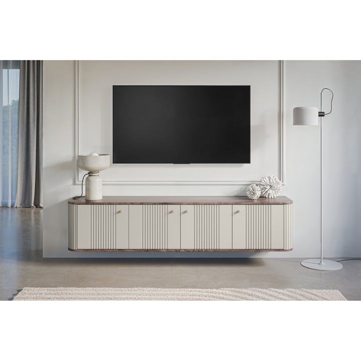 Comoda TV, Meble Bogart, Vesper 4D, Suspendat, 187 x 38 x 36 cm, Sistem Soft Close, Cu 4 Usi, Laminat, MDF, Bej