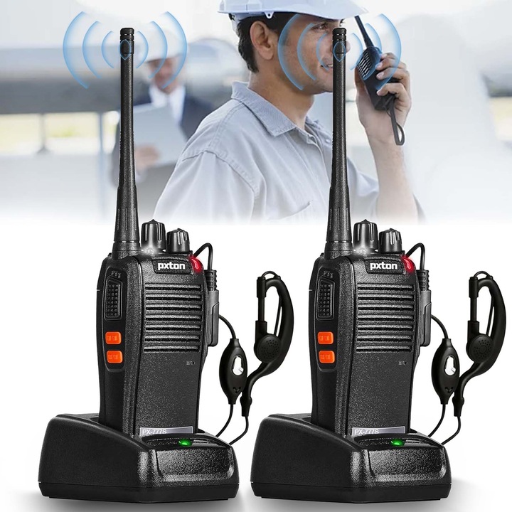 Set 2x statii radio portabile BF-888S, walkie talkie, programate in 16 canale PMR, propagarea undelor 1-10 km, cumulator reincarcabil 1500mAh, accesorii Incluse, lanterna, negru