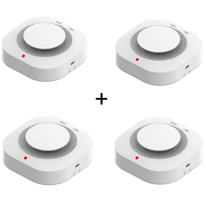 Set 4 bucati detectori de fum compatibil Tuya Zigbee, 9V, Smart home wireless, SmartLife, detectare 360 grade, alarma