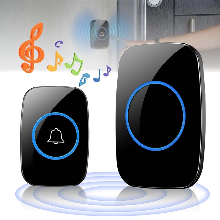 Sonerie electrica wireless, 60 melodii, volum reglabil cu 5 trepte, alimentare direct la priza 220V, maxim 110db, 300m, rezistenta la apa, set sonerie fara fir/ wireless, shop, store, office, negru