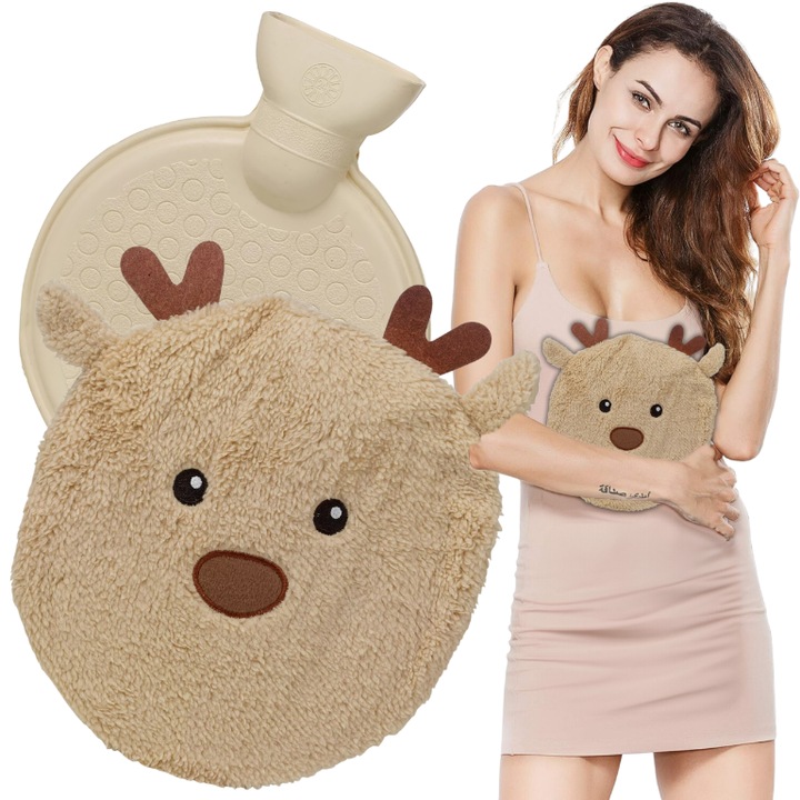 Pernuta Pentru Caldura, OPENHOME, 850 ml, Cauciuc, Cu Husa Detasabila, Model Ren, Design De Sarbatori, Sigur Si Rezistent, Pentru Serile Reci, Cadou Ideal, 25 x 25 cm