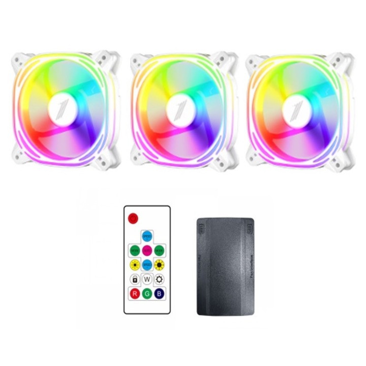 Set 3 ventilatoare 1stPlayer® FBv2 ARGB, controller si telecomanda, culoare alba