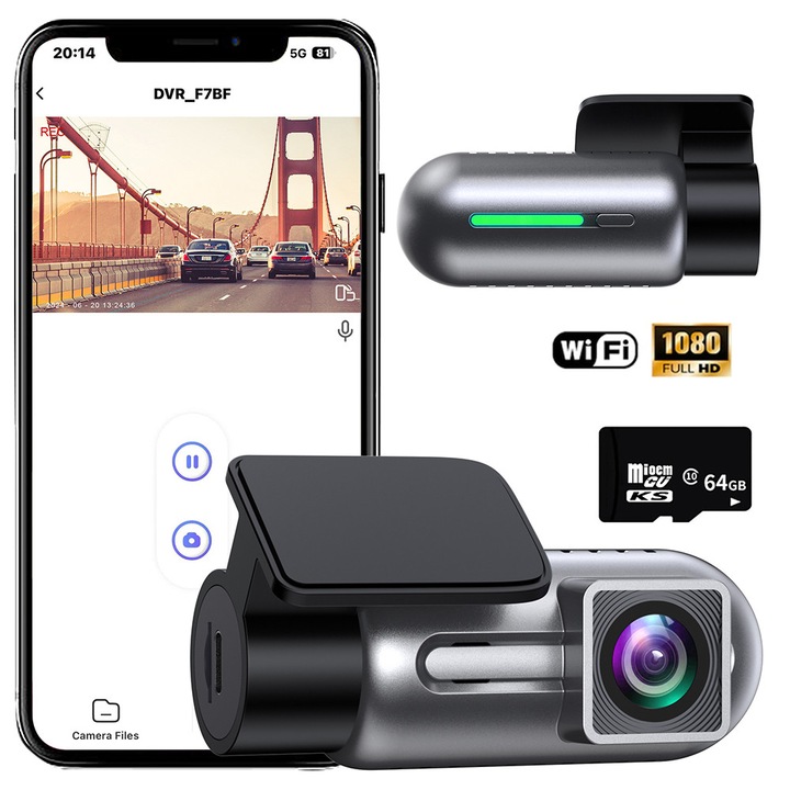 Recorder de conducere, Fudisenn®, inregistrare in bucla, inclusiv card de memorie de 64 g, WiFi, control APP, HD 1080P, vedere pe timp de noapte, monitorizare parcare, senzor G, 150°WDR, prompt vocal, negru