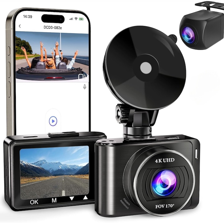 Видеорегистратор Fudisenn, HD 4K+1080P, цикличен запис, WiFi и APP контрол, двойно предно и задно записване, нощно виждане, наблюдение на паркиране, G-сензор, преден 170°/заден 120°, черен